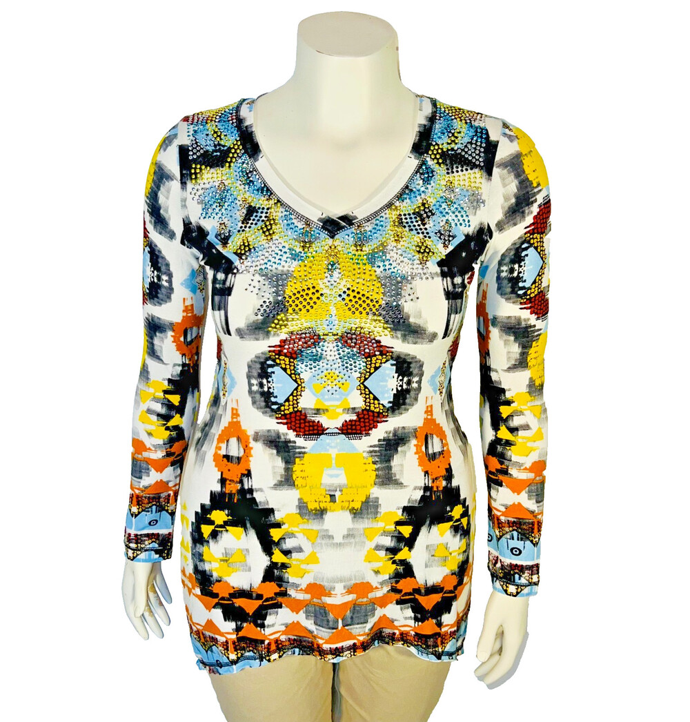 V Cristina Tunic Top Womens M Snake Aztec Print Beaded V-Neck Sharkbite Hem